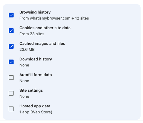 Screenshot of the Delete Browsing Data screen