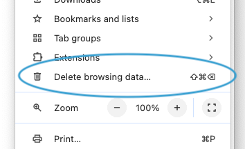 Screenshot of the Customise and control menu, showing the Delete Browsing Data option