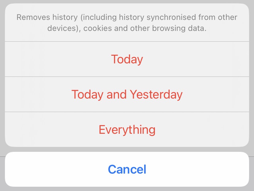 The interface to choose how far back to clear the history