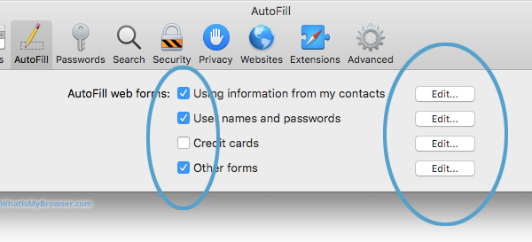 Checkboxes to choose what Safari will AutoFill, and Edit buttons to clear existing data.