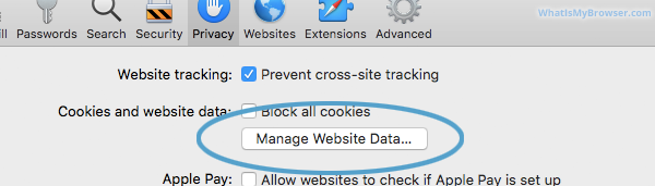 The Privacy pane showing the Manage Website Data button.