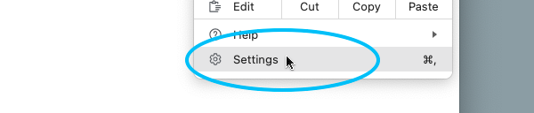 The menu showing the Settings option