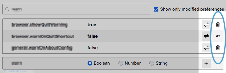 An example screenshot of resetting or deleting customized settings