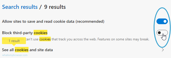 Screenshot of the Cookies options