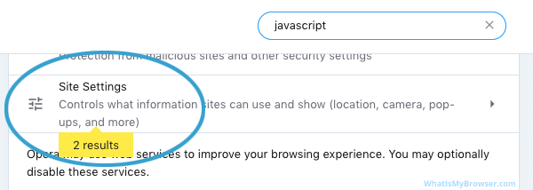 The Site settings item with Javascript highlighted