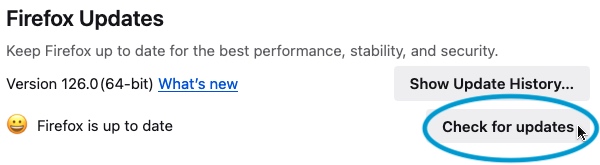 Screenshot of the Firefox Updates section on the Settings tab