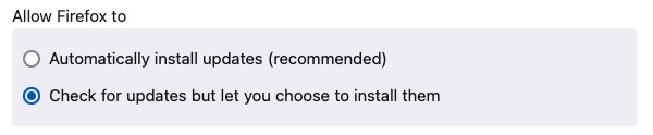 The Firefox update controls