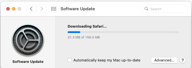 Screenshot showing the Safari update installing.