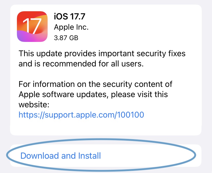 The information screen for the latest version upgrade